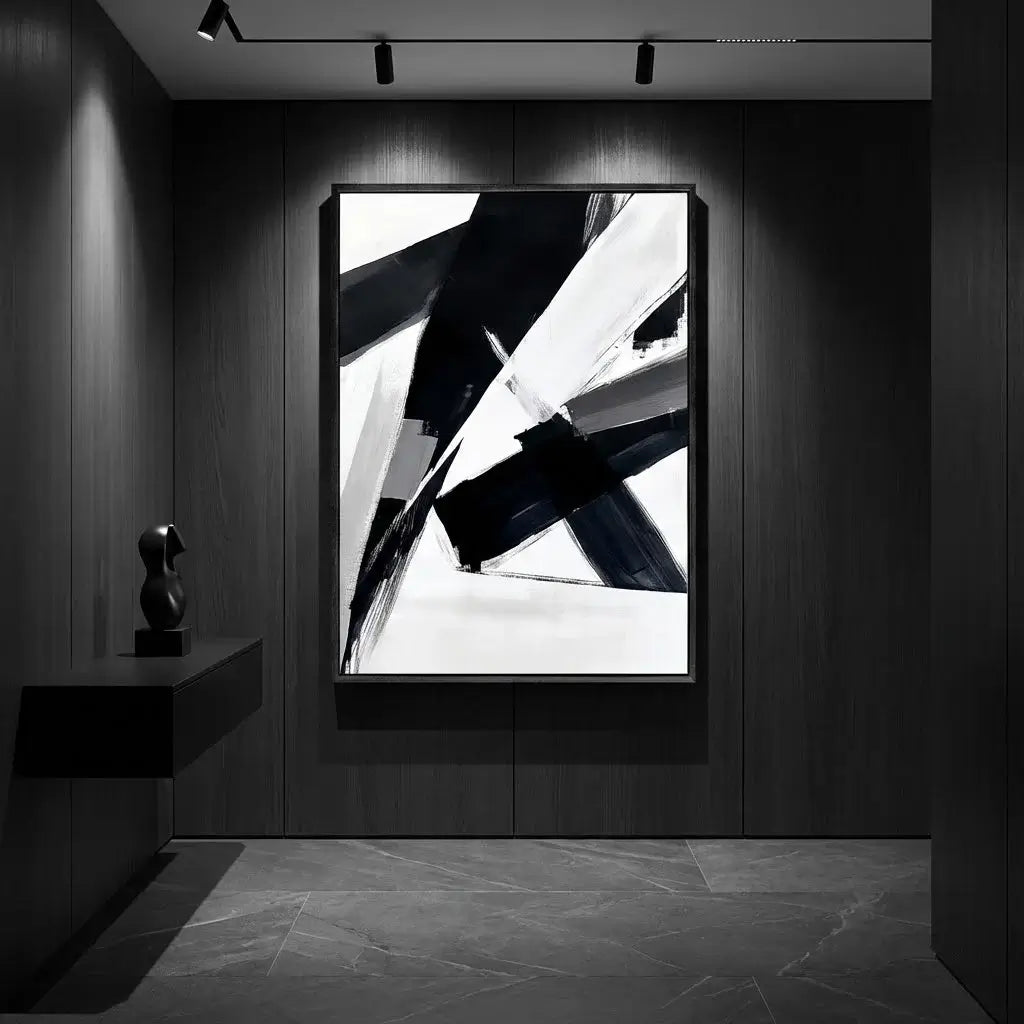 Modern interior with abstract black and white painting on a dark wall