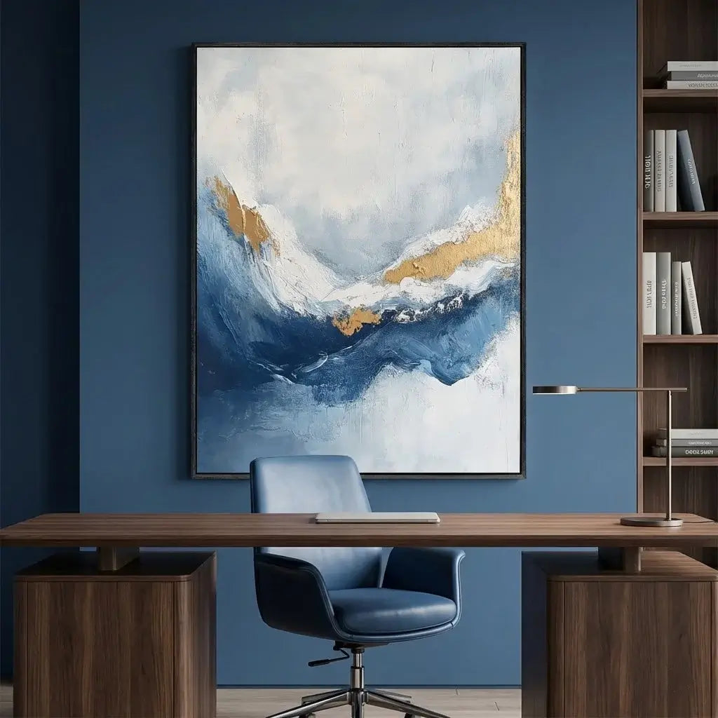 Modern office setup with a large abstract painting on the wall, wooden desk, and chair.