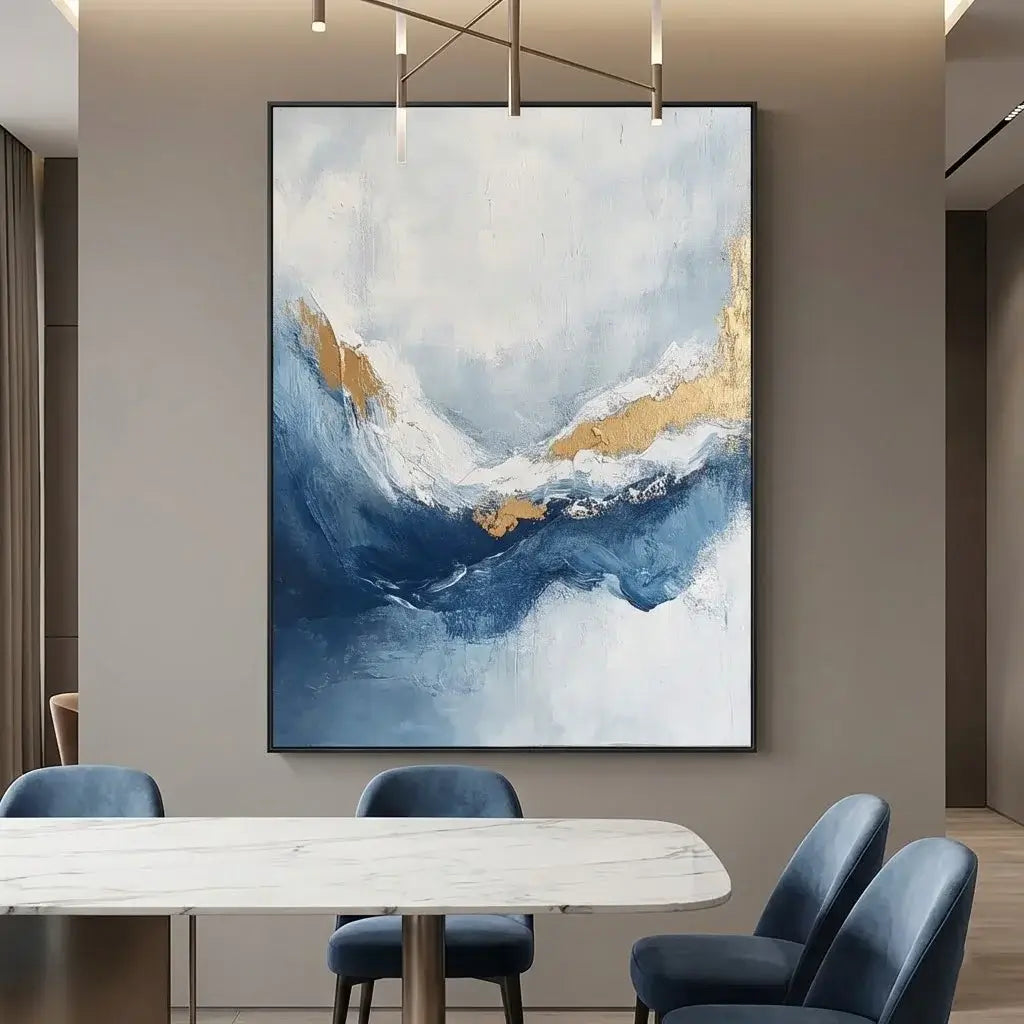 Abstract painting in a modern dining room with a table and chairs.