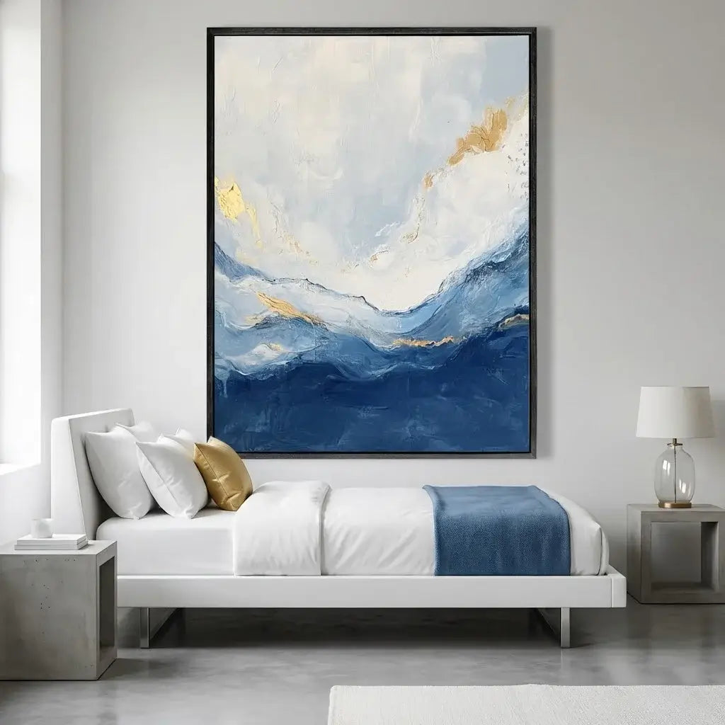 Abstract painting in a modern bedroom with a bed and nightstands.