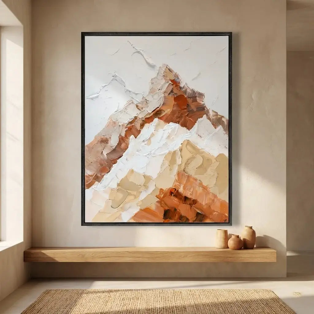 Abstract art piece in a modern interior setting with a wooden shelf and decor items.