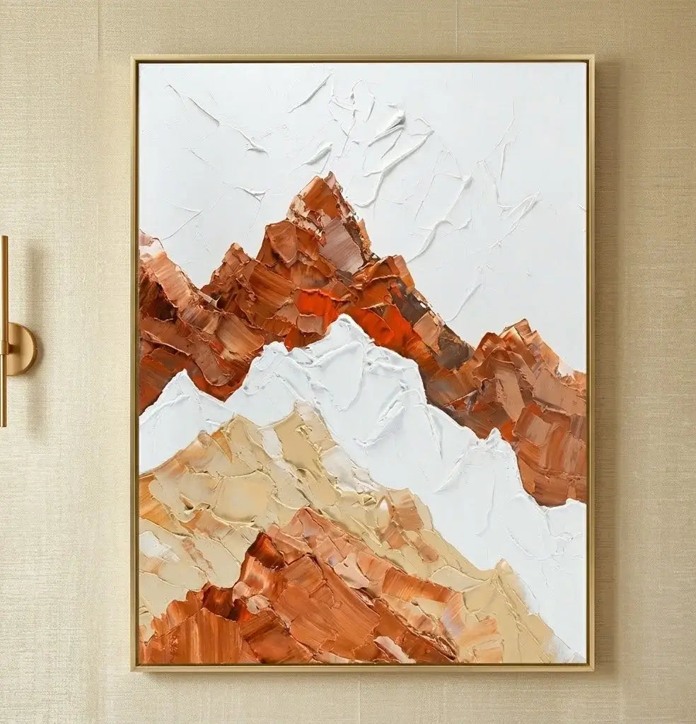 Living room with a large abstract mountain painting, wooden sideboard, and brown armchair.