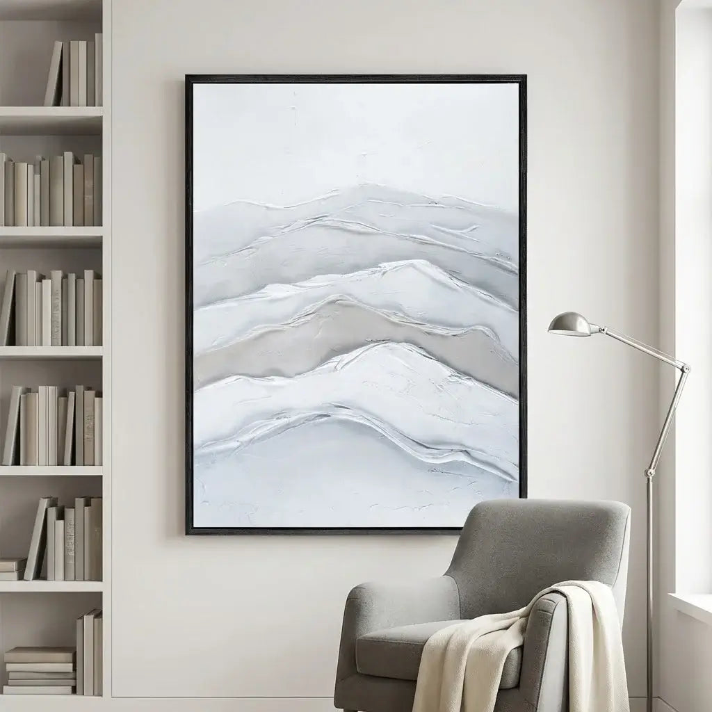 Abstract mountain landscape art print in a modern living room setting.