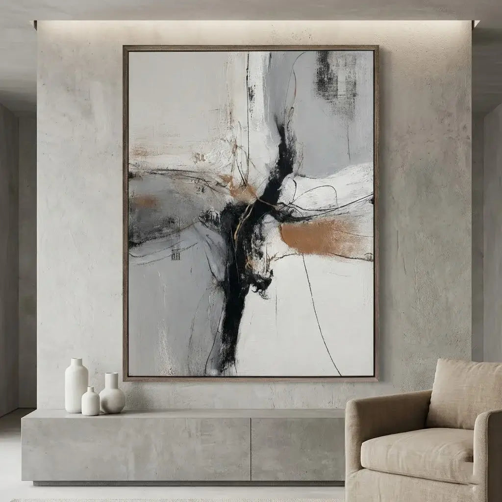 Abstract painting in a modern living room setting with a sofa and decorative vases.