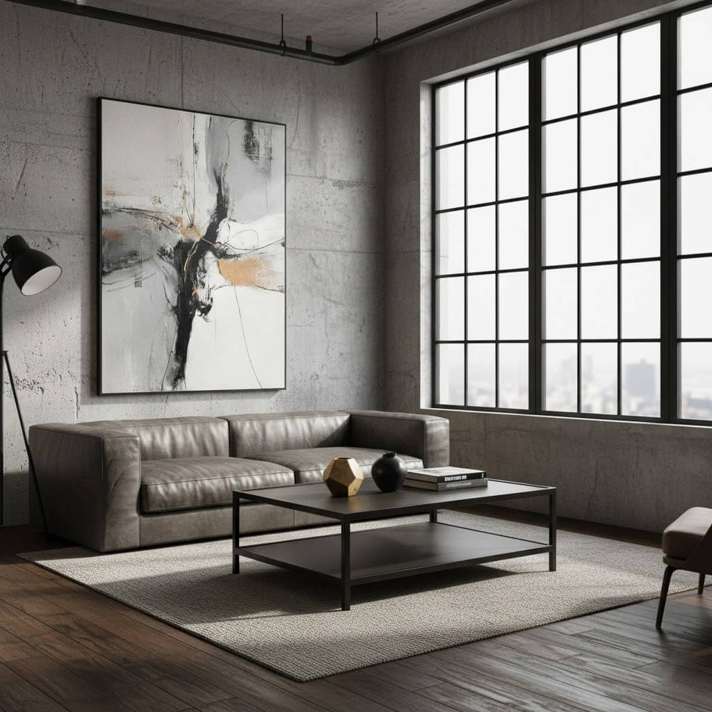 Modern living room with gray sofa, coffee table, and abstract art on a textured wall.