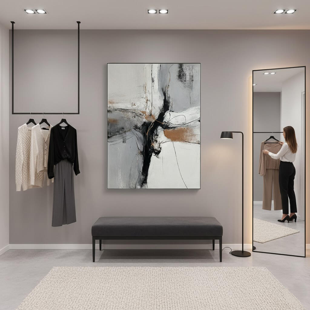 Modern interior with abstract art, clothing rack, and standing mirror.
