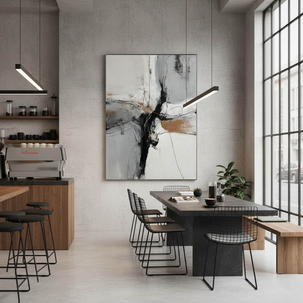 Modern kitchen and dining area with abstract art on the wall