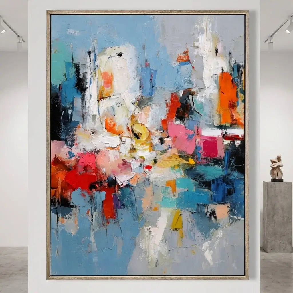 Abstract painting with vibrant colors in a gallery setting