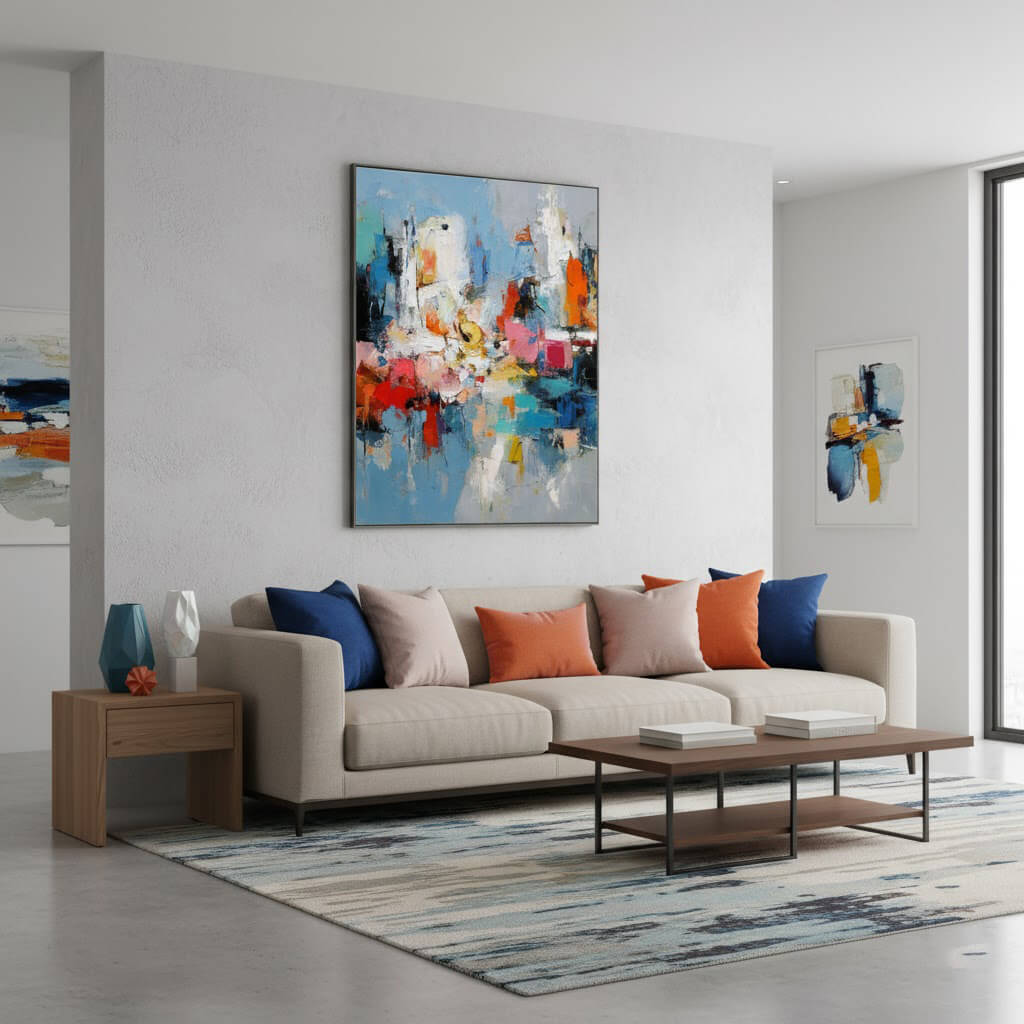 Modern living room with a beige sofa, colorful cushions, and abstract art on the wall.