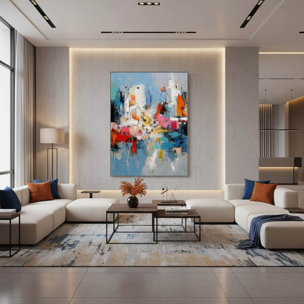 Modern living room with a colorful abstract painting on the wall