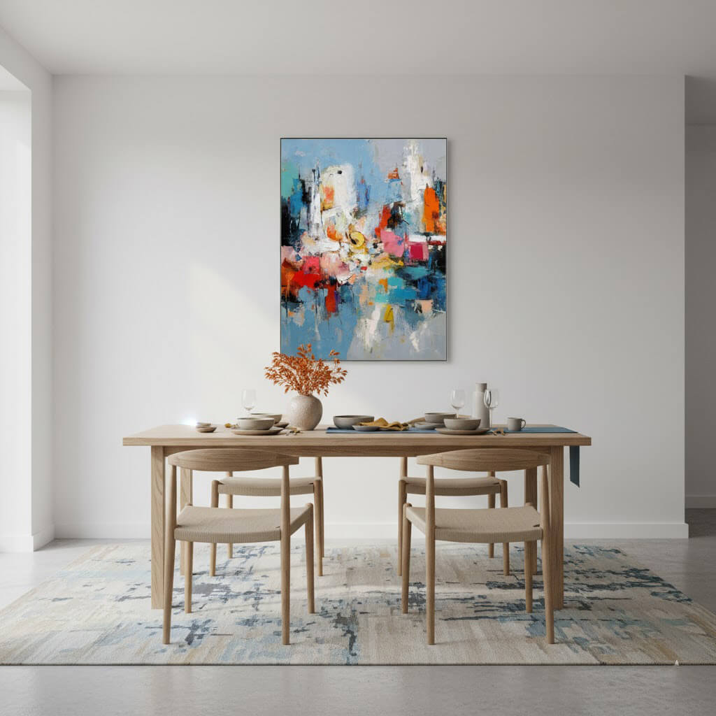Dining room with a wooden table and chairs, colorful abstract painting on the wall, and a rug.