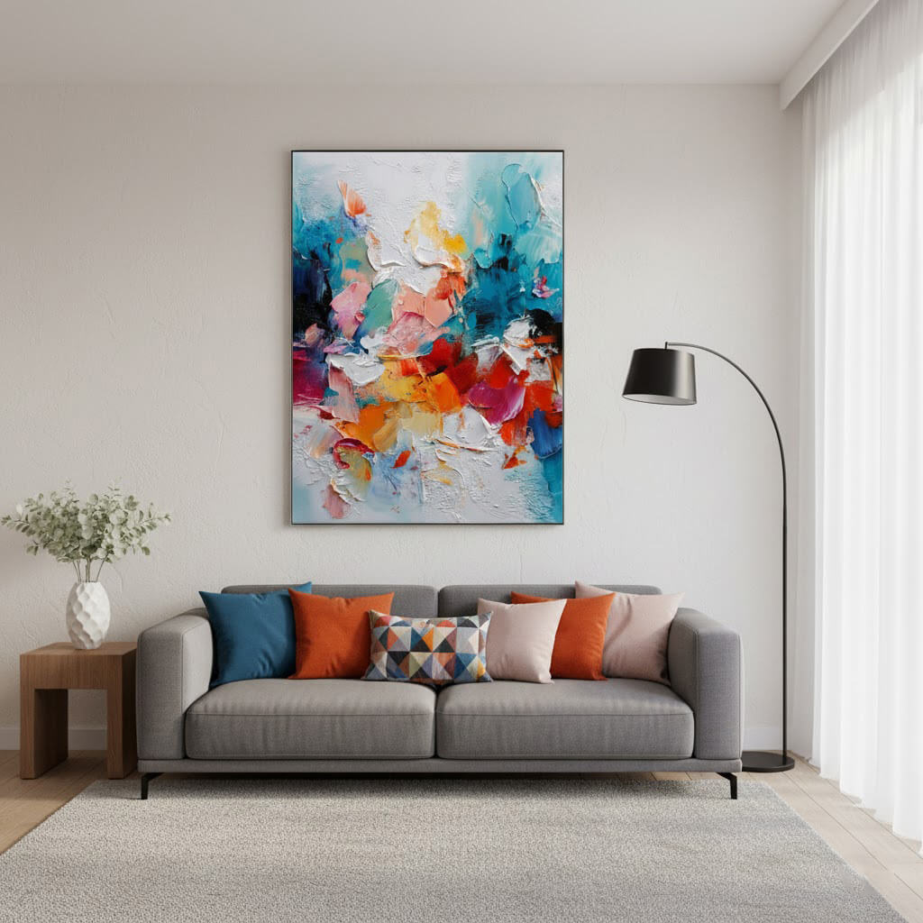 Living room with a gray sofa, colorful cushions, and a large abstract painting on the wall.