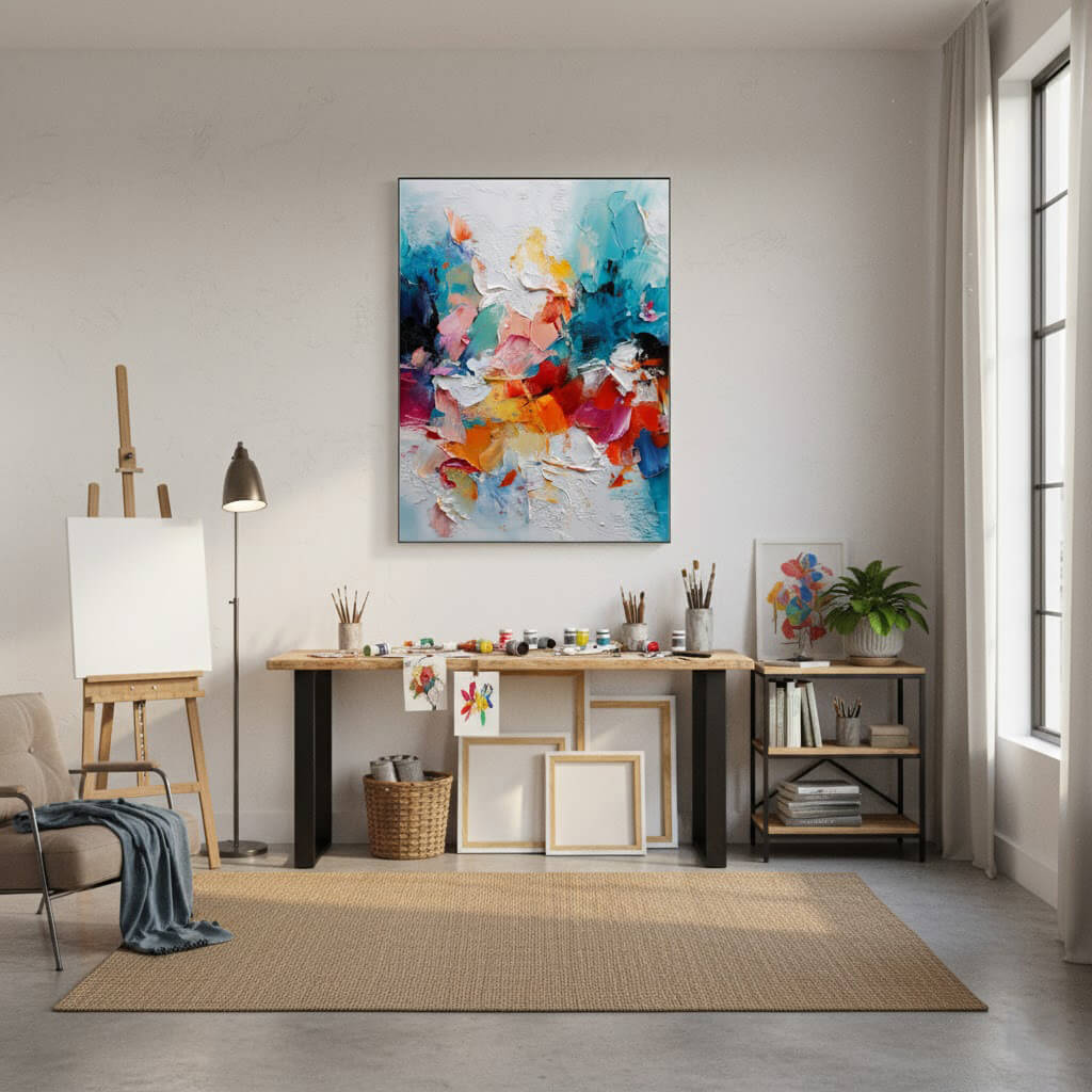 Art studio with a colorful abstract painting on the wall, easel, and art supplies.