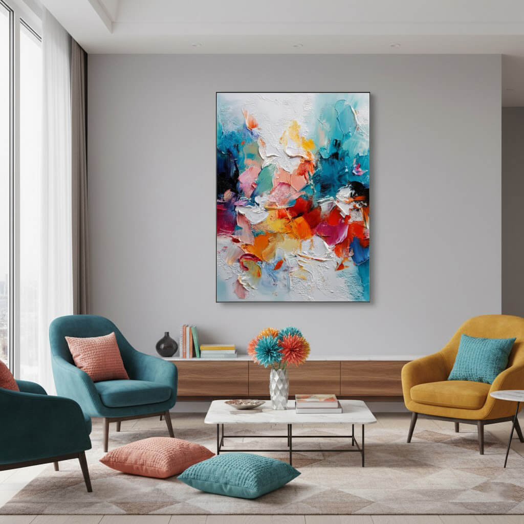 Modern living room with colorful abstract painting on the wall