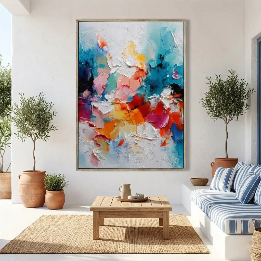 Living room with a colorful abstract painting on the wall, wooden coffee table, and striped sofa.