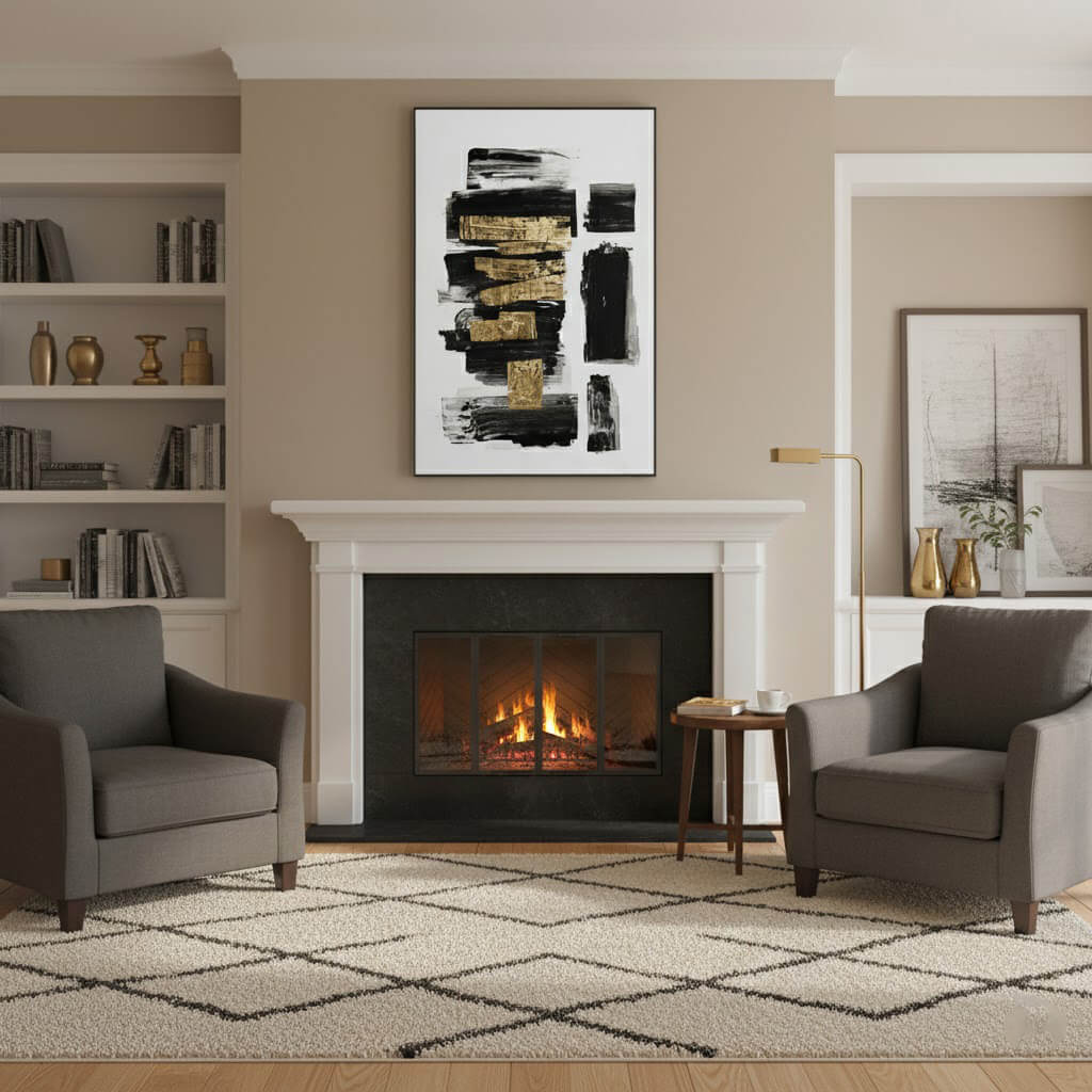 Living room with fireplace, chairs, and abstract art on the wall.