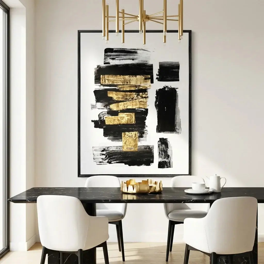 Dining room with abstract art on the wall, table, and chairs.
