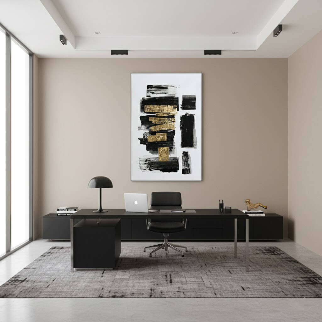 Modern office interior with a black desk, chair, and abstract art on the wall.