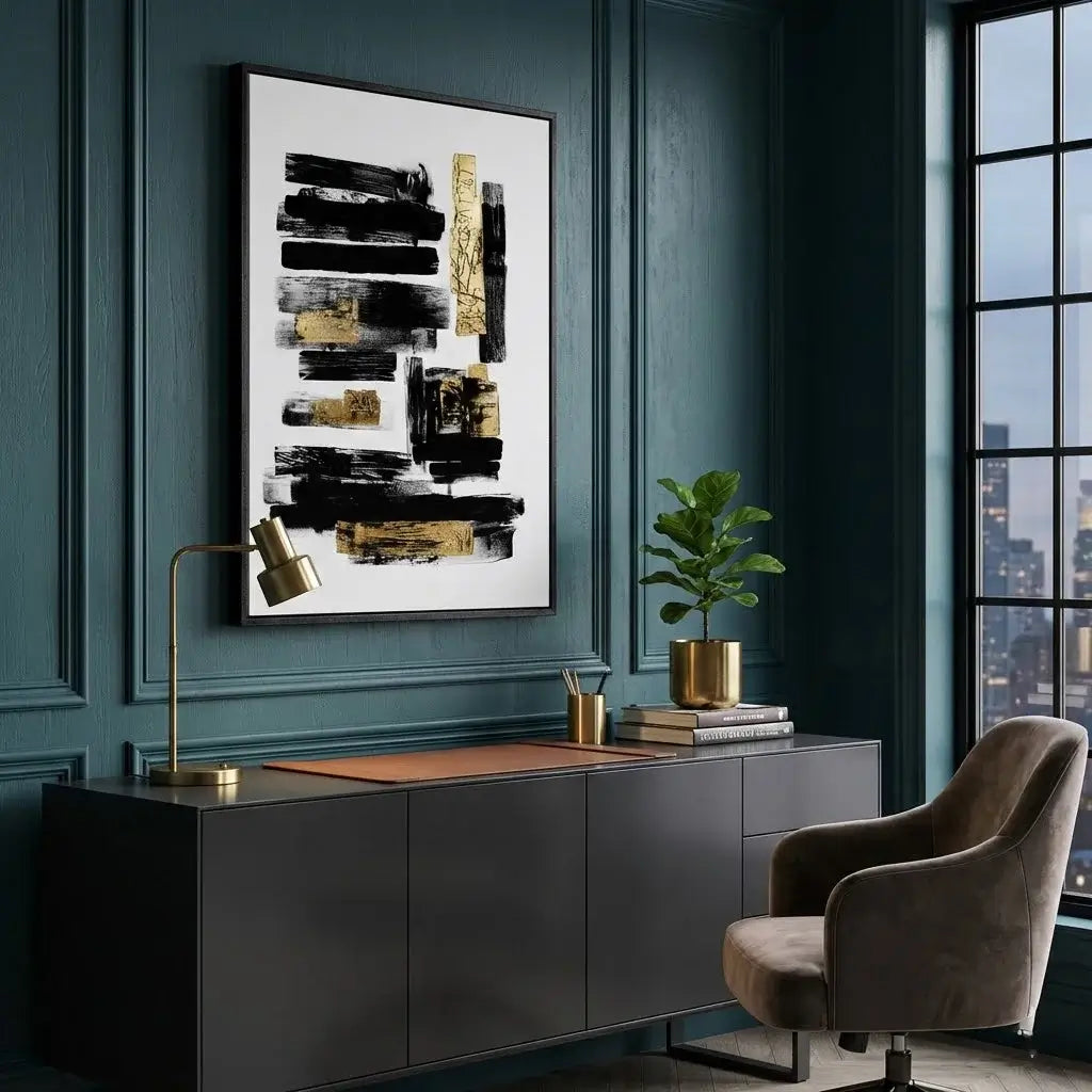 Modern office interior with abstract art, desk, chair, and decor.