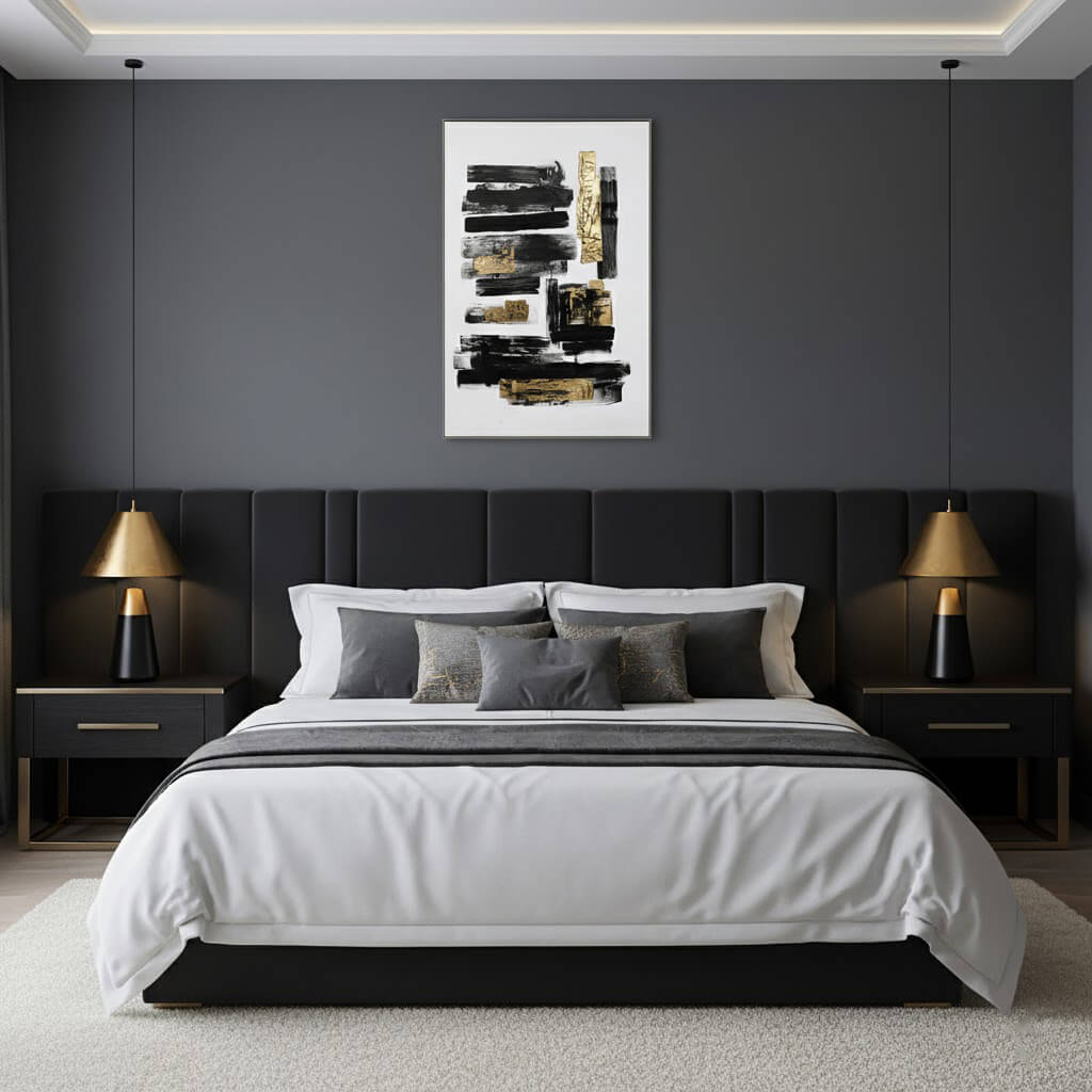Modern bedroom with a bed, nightstands, and abstract art on the wall.