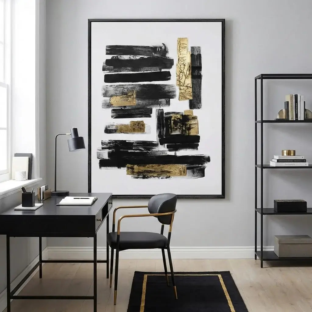 Modern office space with a black and gold abstract painting on the wall.