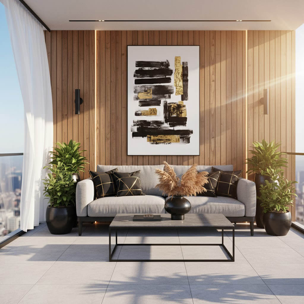 Modern living room with a gray sofa, coffee table, and decorative plants on a balcony with cityscape view.