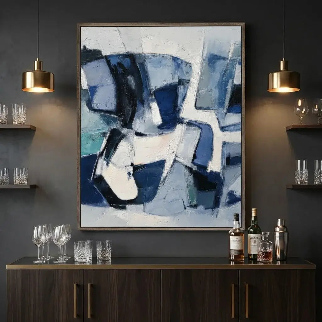 Abstract art piece in a modern interior setting with shelves and drinks.