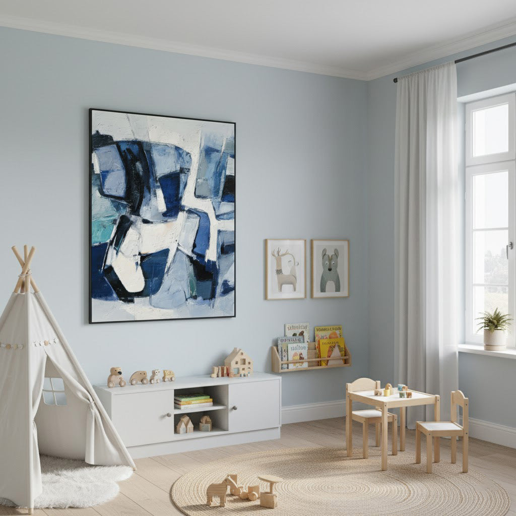 Children's playroom with abstract art, furniture, and toys.