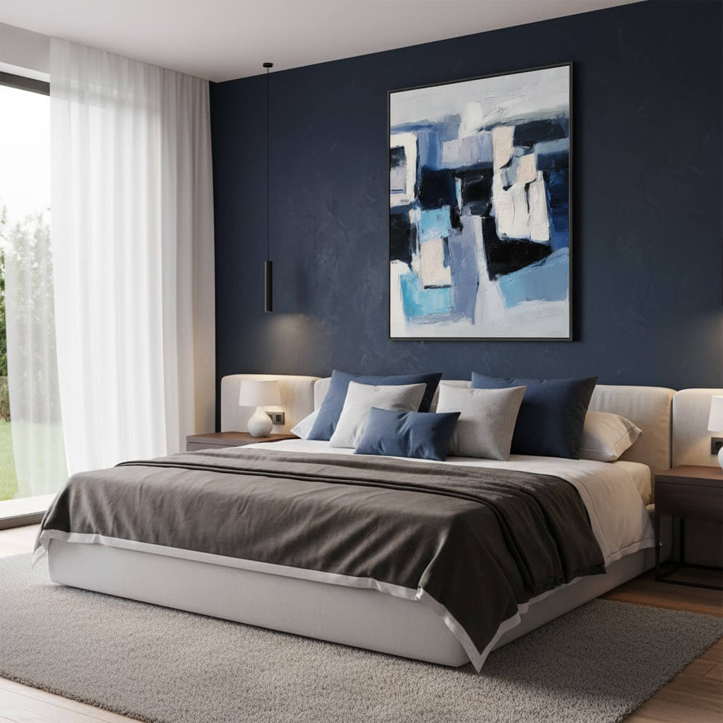 Modern bedroom with a bed, abstract painting on the wall, and side tables.
