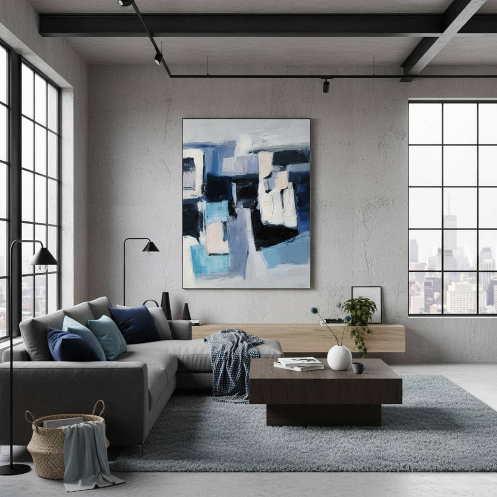 Modern living room with abstract painting, sofa, and coffee table.