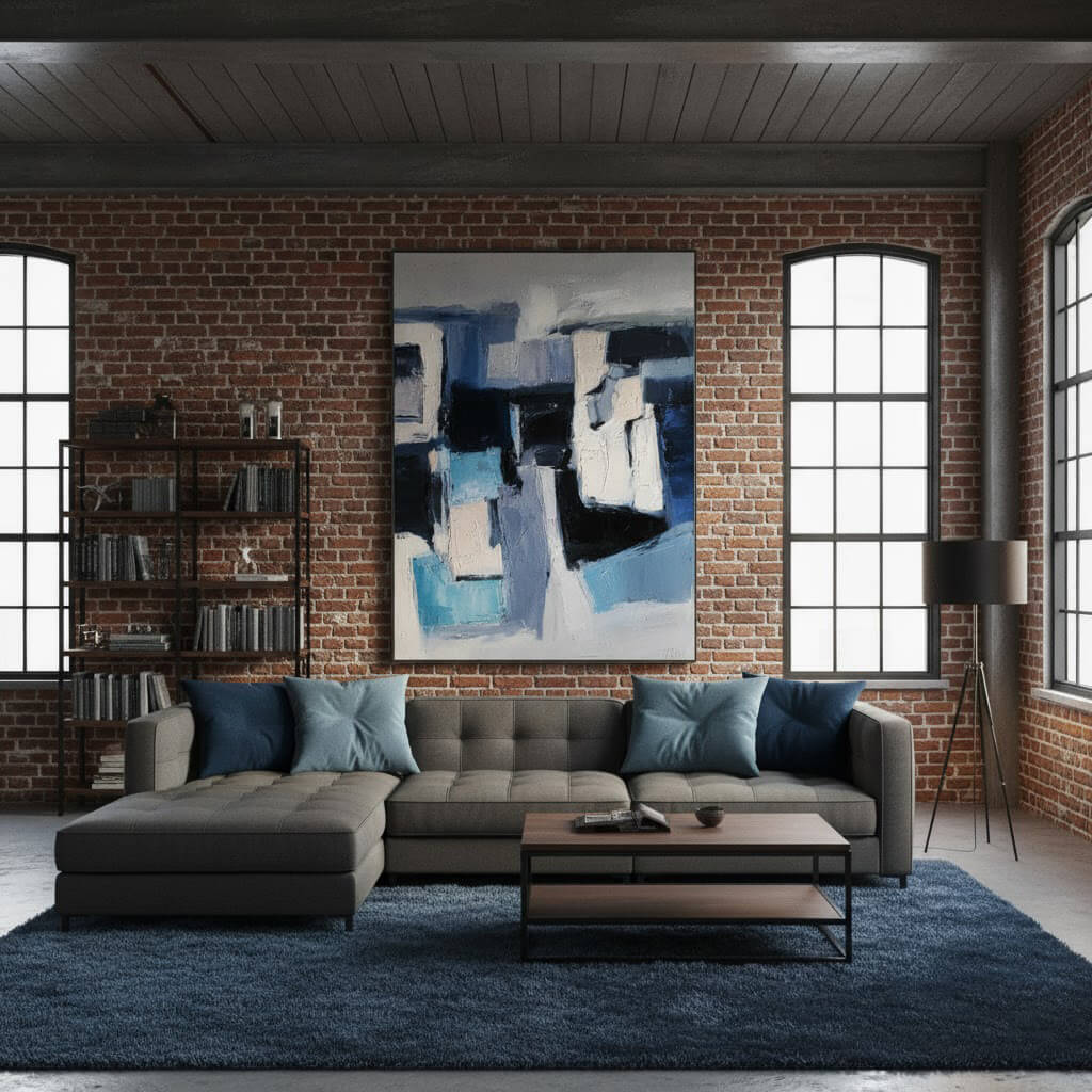 Modern living room with a sectional sofa, coffee table, and abstract painting on a brick wall.