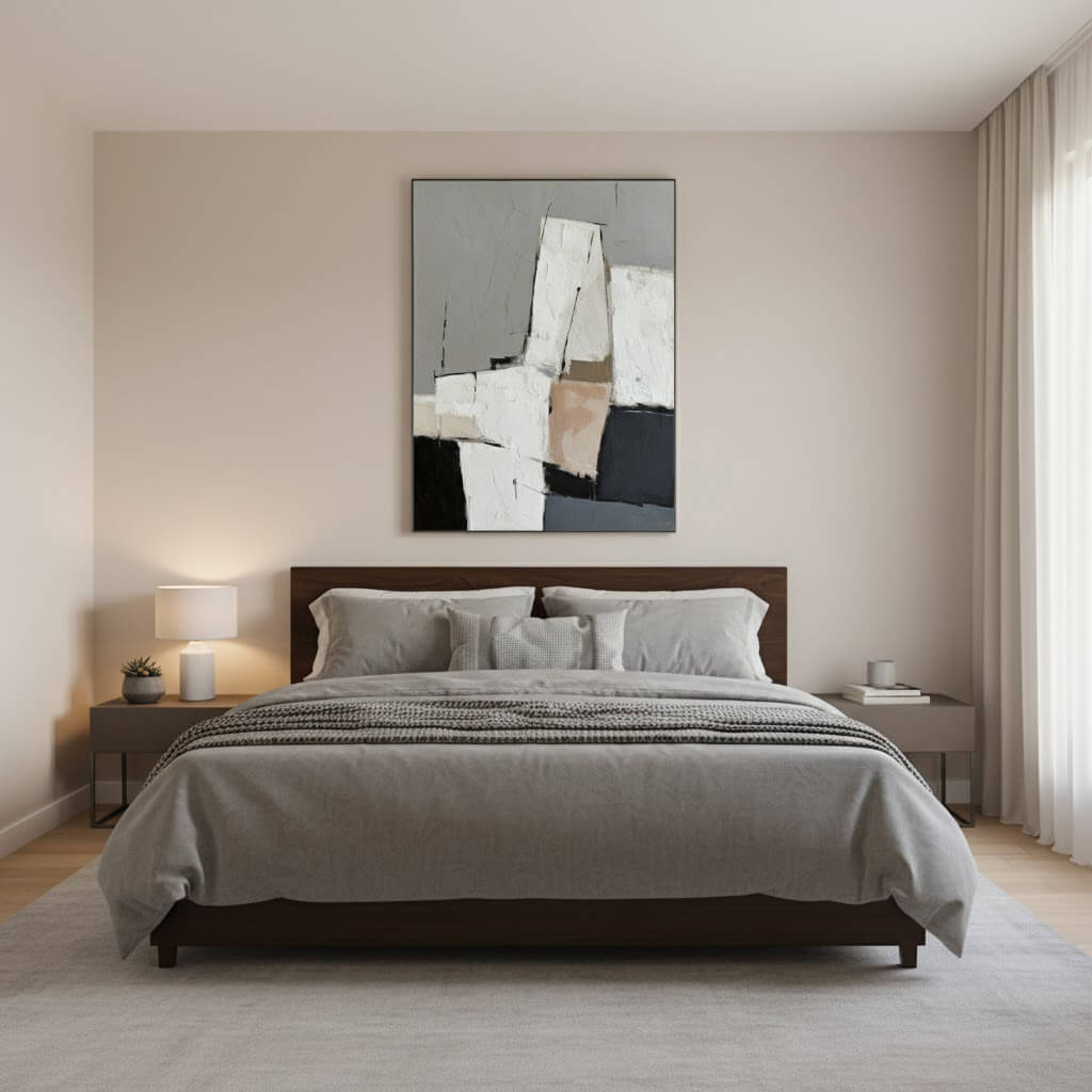 Modern bedroom with a bed, nightstands, and abstract art on the wall.