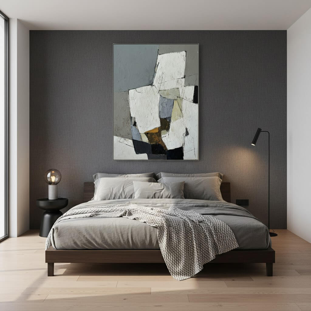 Modern bedroom with a large abstract painting on the wall