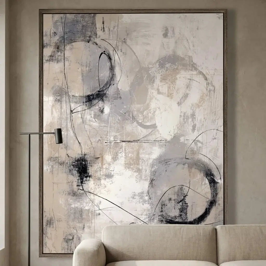 Abstract art painting in a modern living room setting