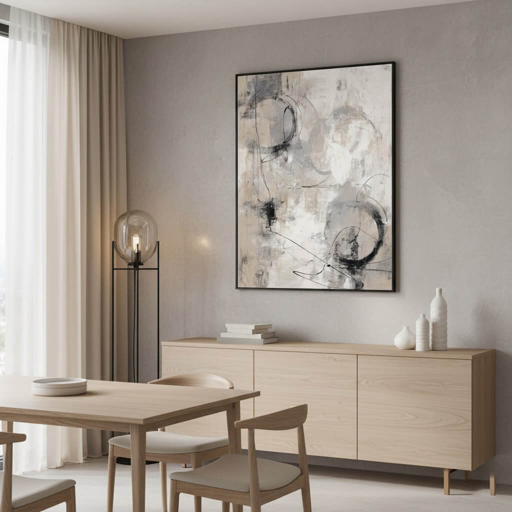 Modern dining room with abstract art, wooden furniture, and decor.
