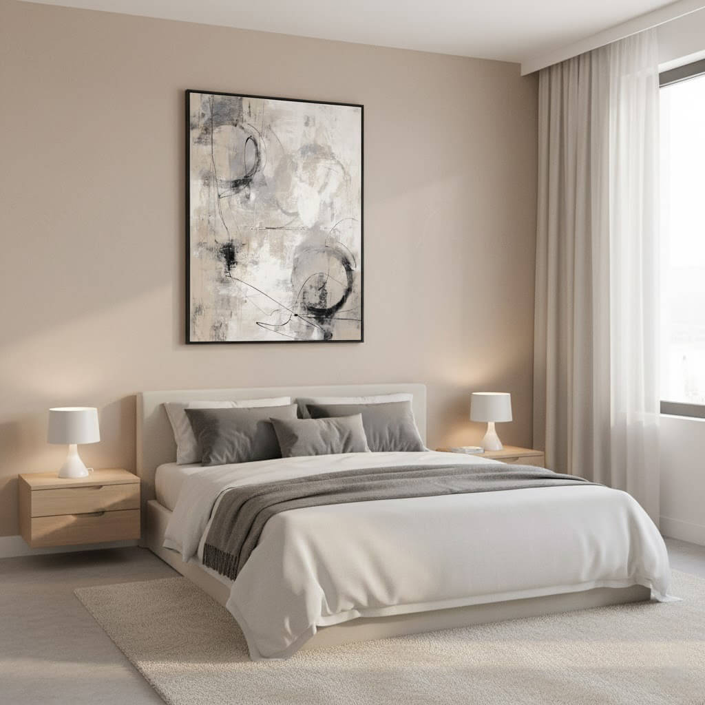 Modern bedroom with a bed, nightstands, and abstract art on the wall.
