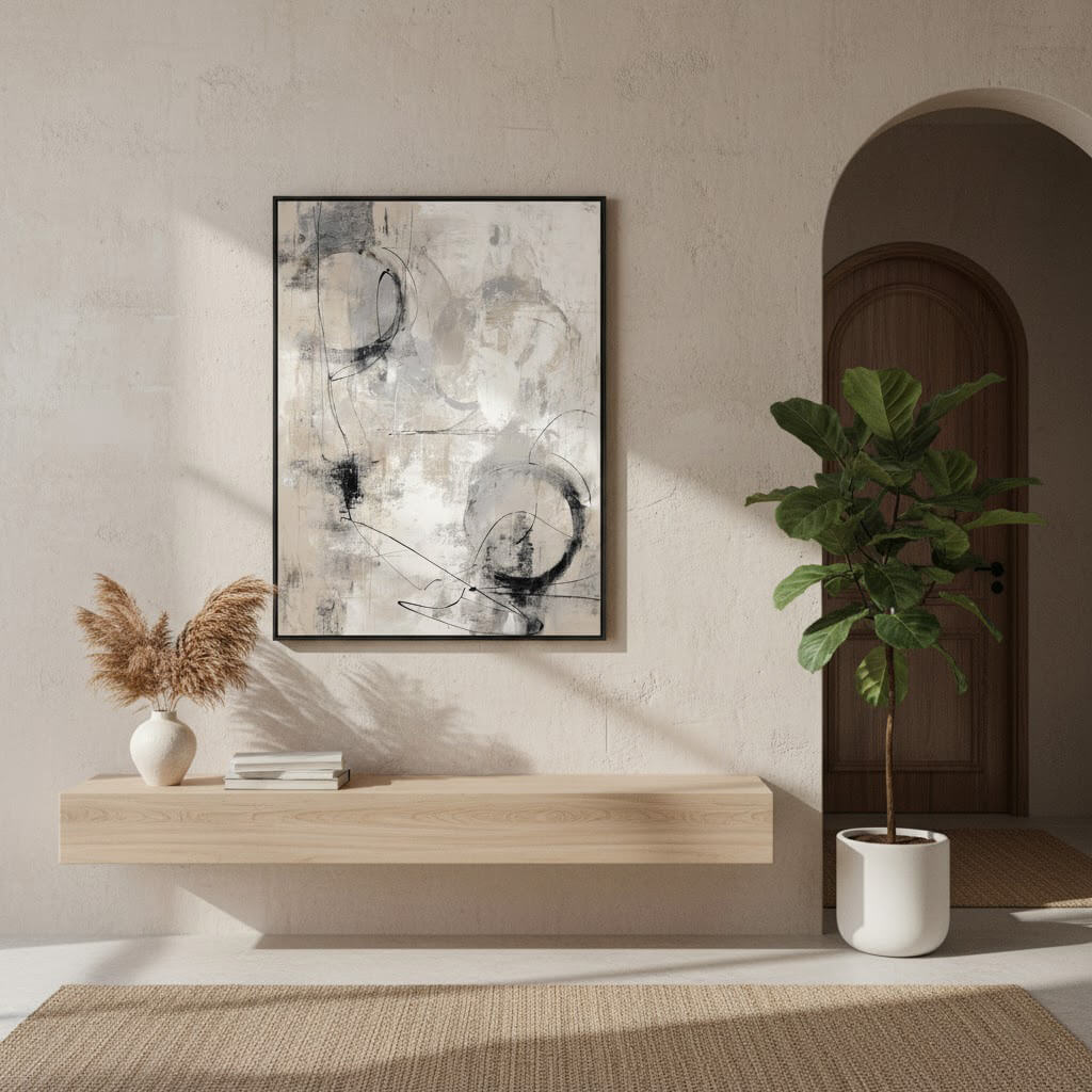 Modern interior with abstract art, wooden console, and potted plant.
