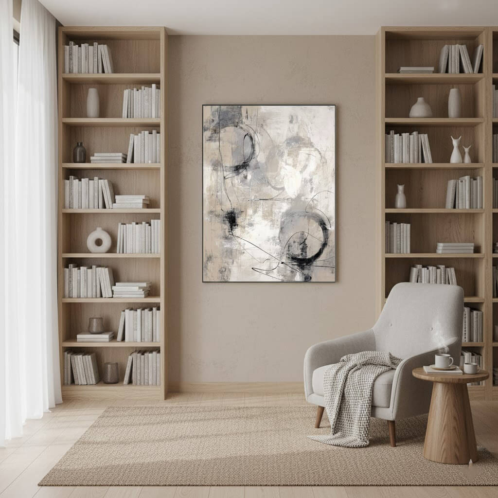 Modern living room with bookshelves, abstract painting, and armchair.