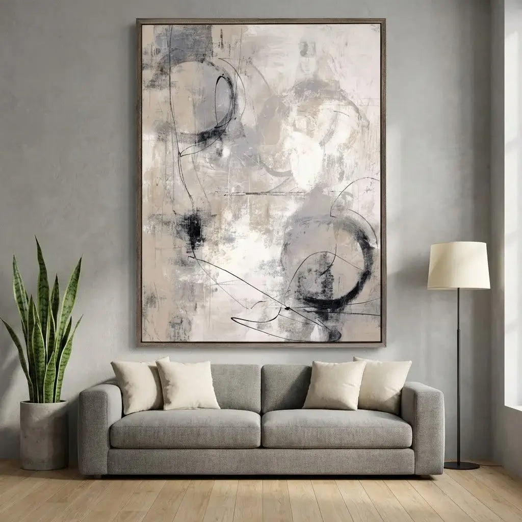 Abstract art piece on a wall above a gray sofa in a living room.