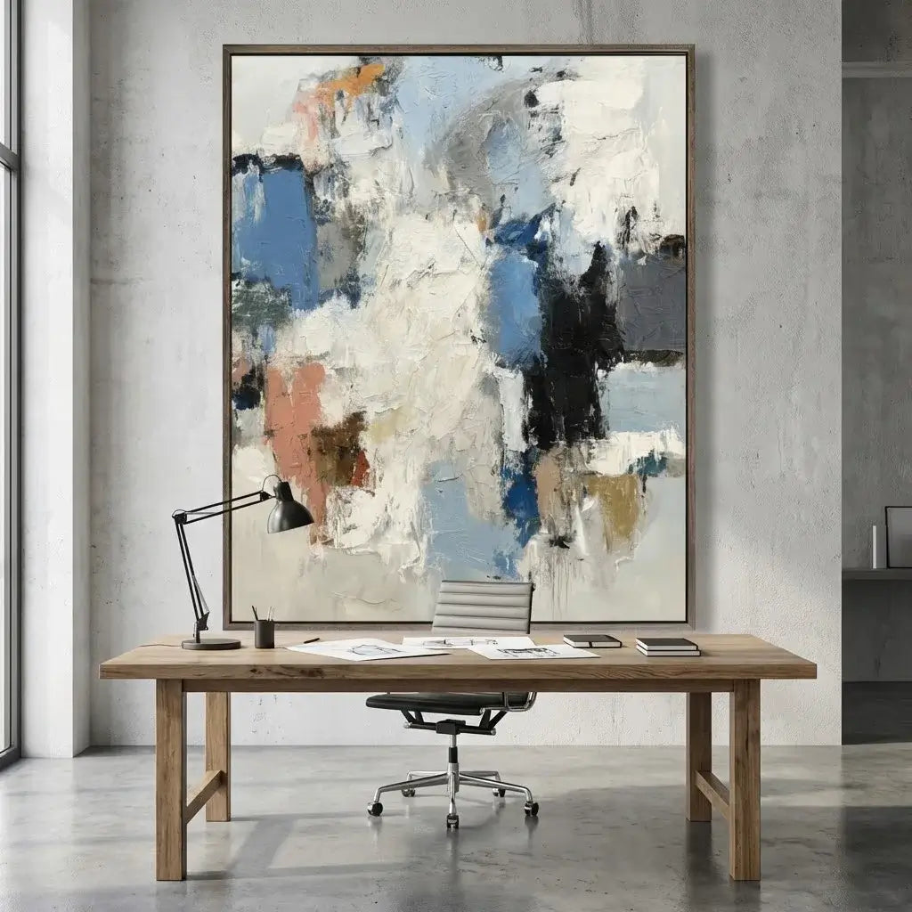 Modern office setup with a wooden desk, chair, and abstract painting on the wall.