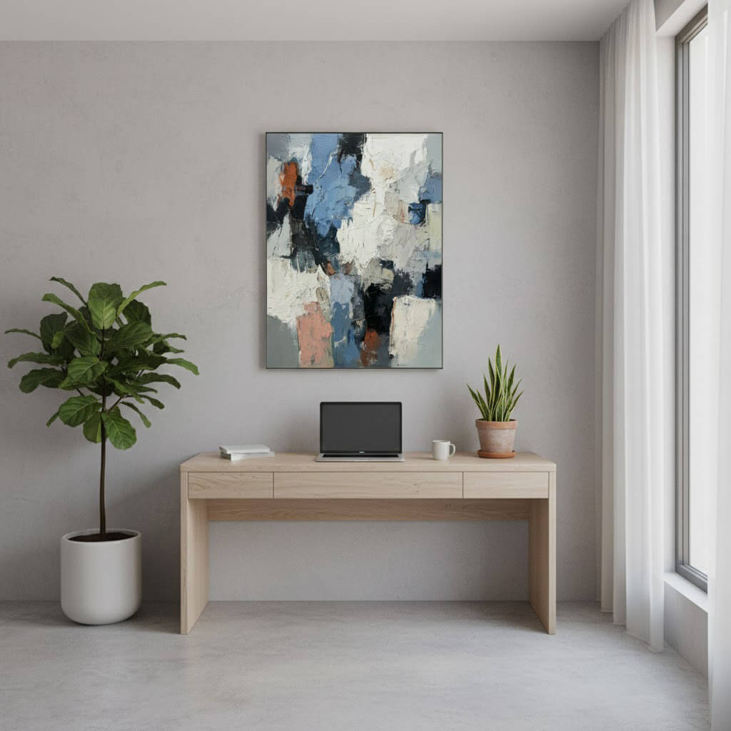 Modern home office with a desk, laptop, and plants against a gray wall with abstract art.