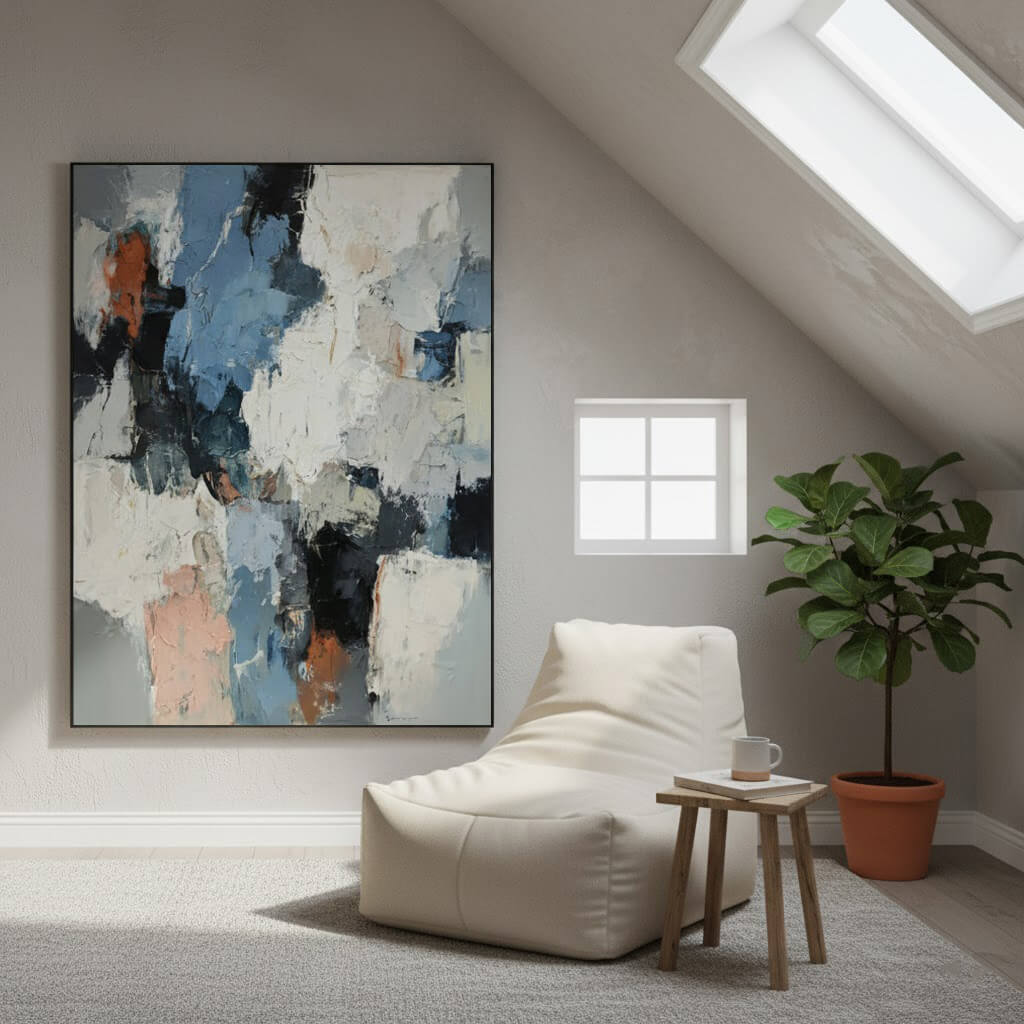 Modern living room with abstract art, bean bag chair, and plant