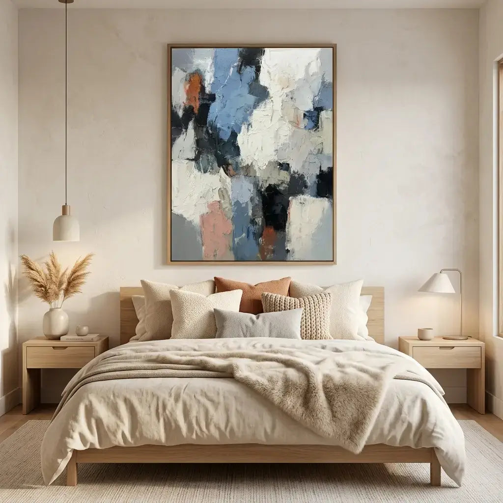 Modern bedroom with a bed, nightstands, and abstract art on the wall.