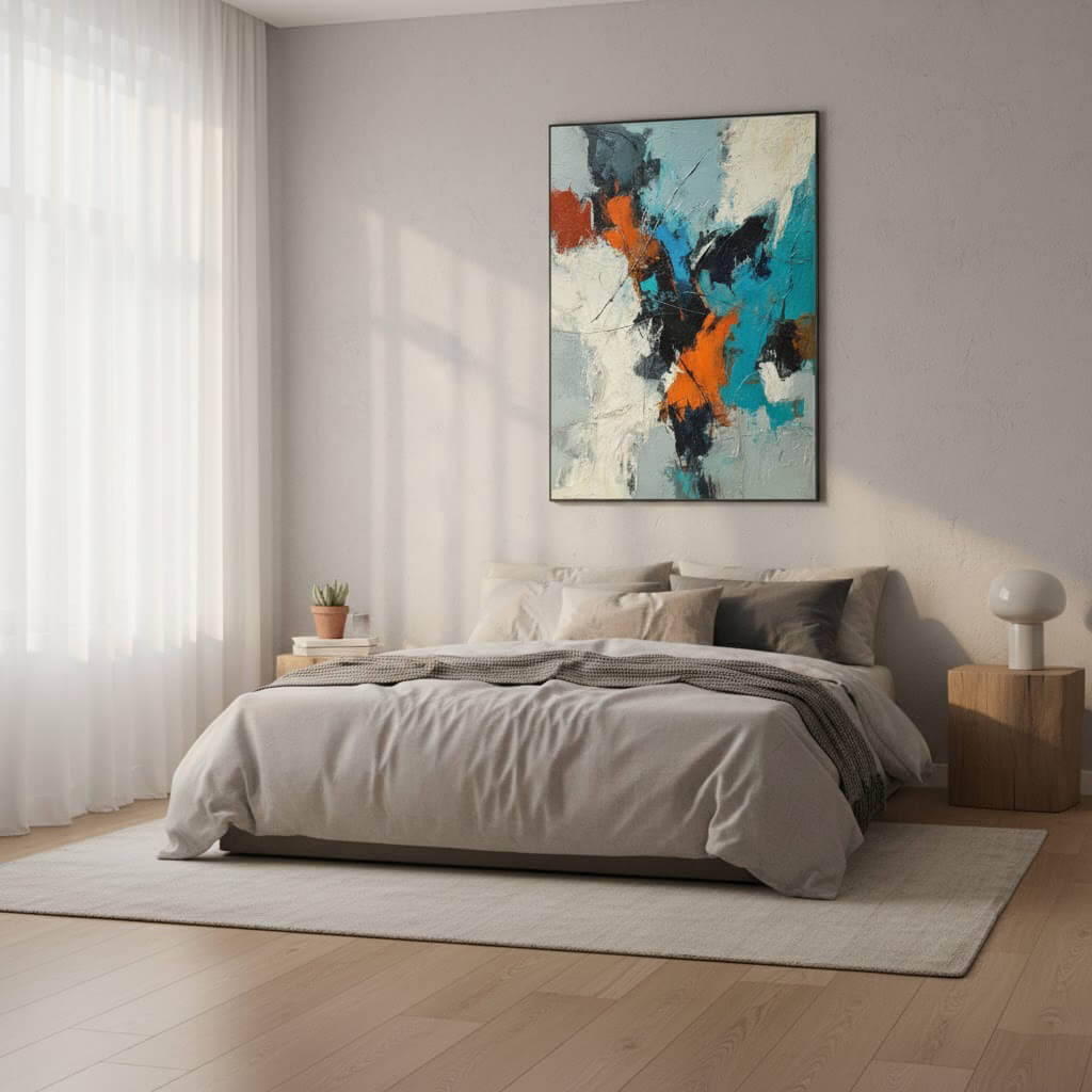 Modern bedroom with a bed, abstract painting on the wall, and side tables.