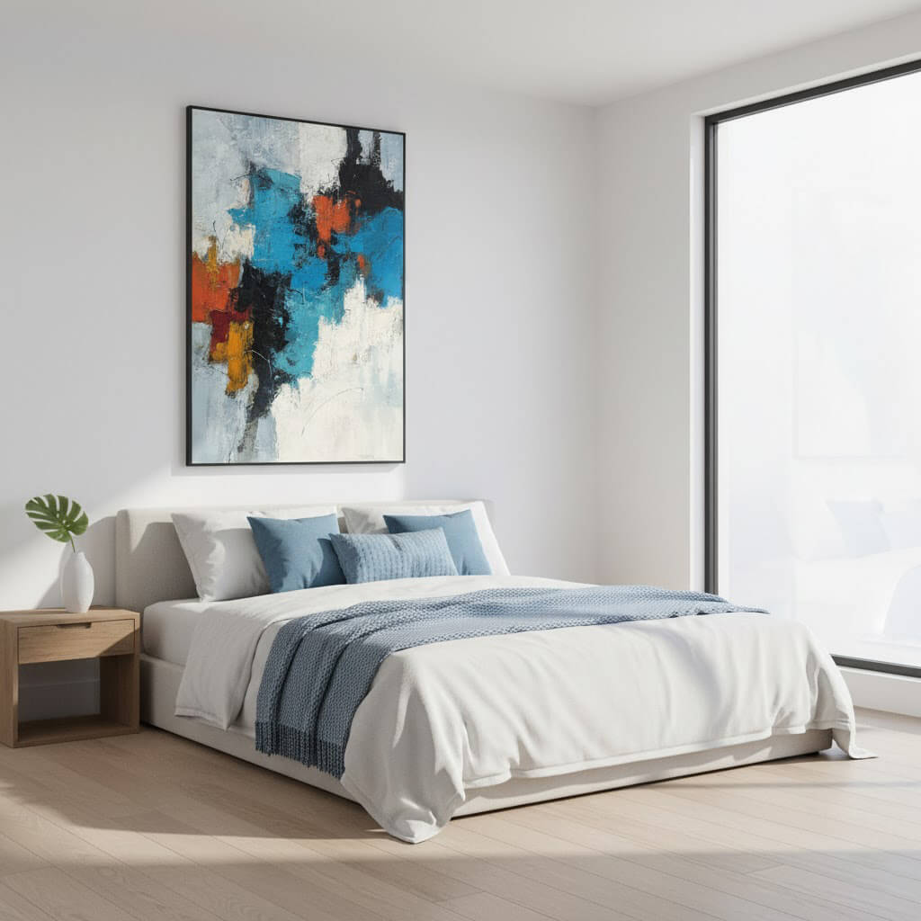 Modern bedroom with a bed, abstract painting, and large window.
