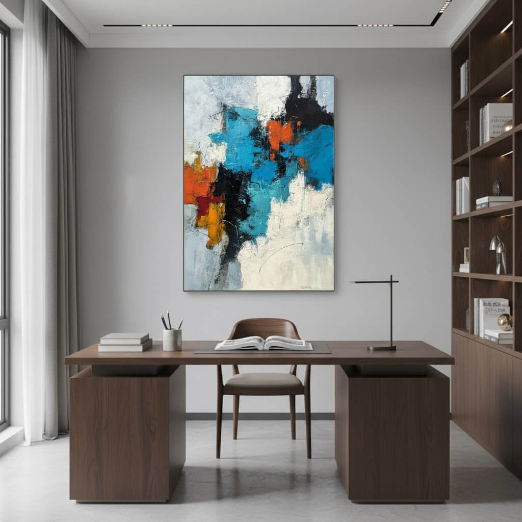Modern office interior with a desk, chair, and abstract painting on the wall.