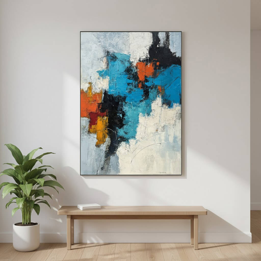 Abstract art painting on a wall above a wooden bench with a plant beside it.