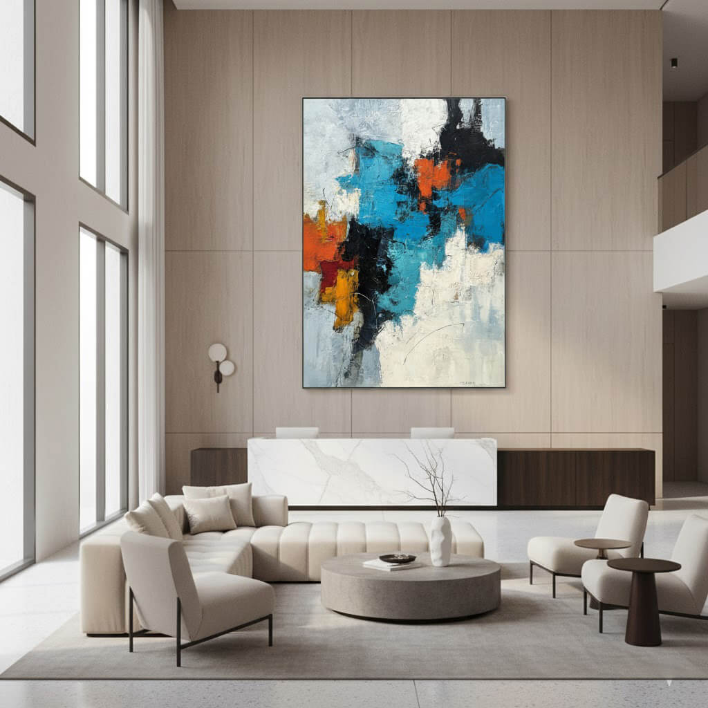 Modern living room with a colorful abstract painting on the wall.