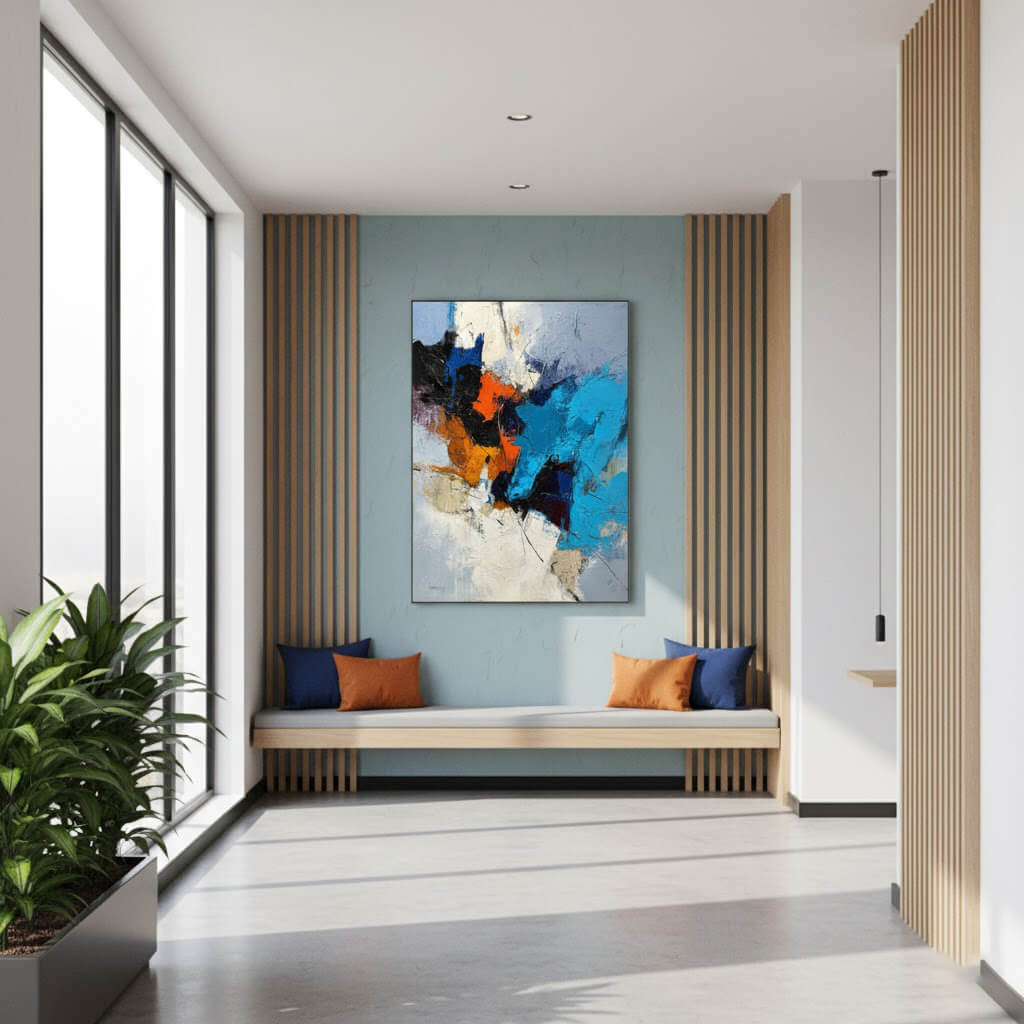 Modern interior with a colorful abstract painting on the wall, a bench with cushions, and large windows.