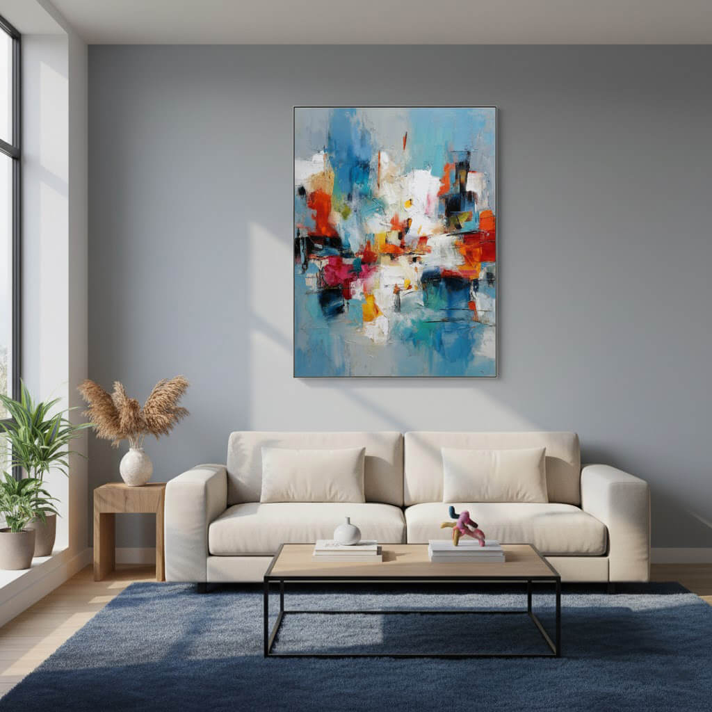 Modern living room with a beige sofa, coffee table, and abstract painting on the wall.